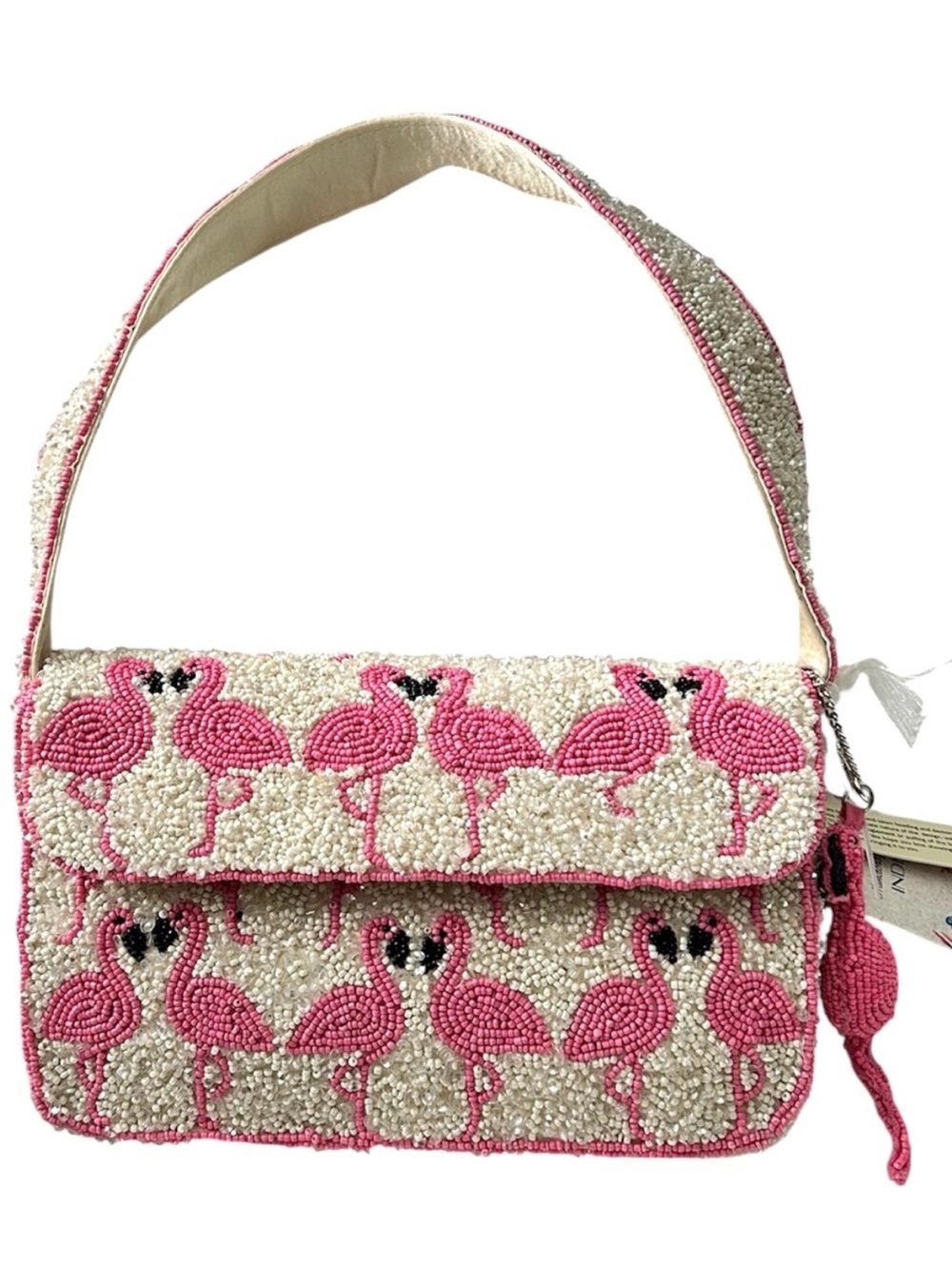 Viral America & Beyond Hand Beaded Flamingo Shoulder Bag w/ Flamingo Keychain - Picture 4 of 6